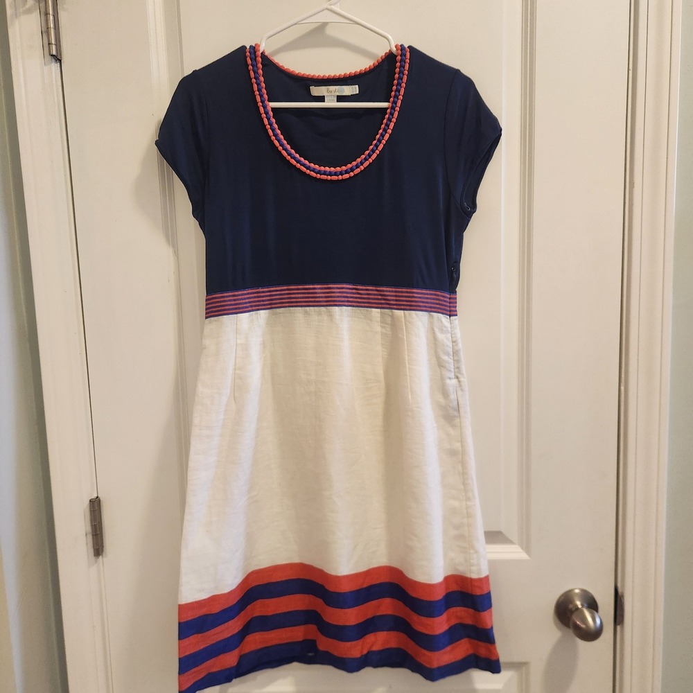 Boden Navy White Linen Mixed Media Pom Pom Trim Stripe Dress Petite 8P WH321